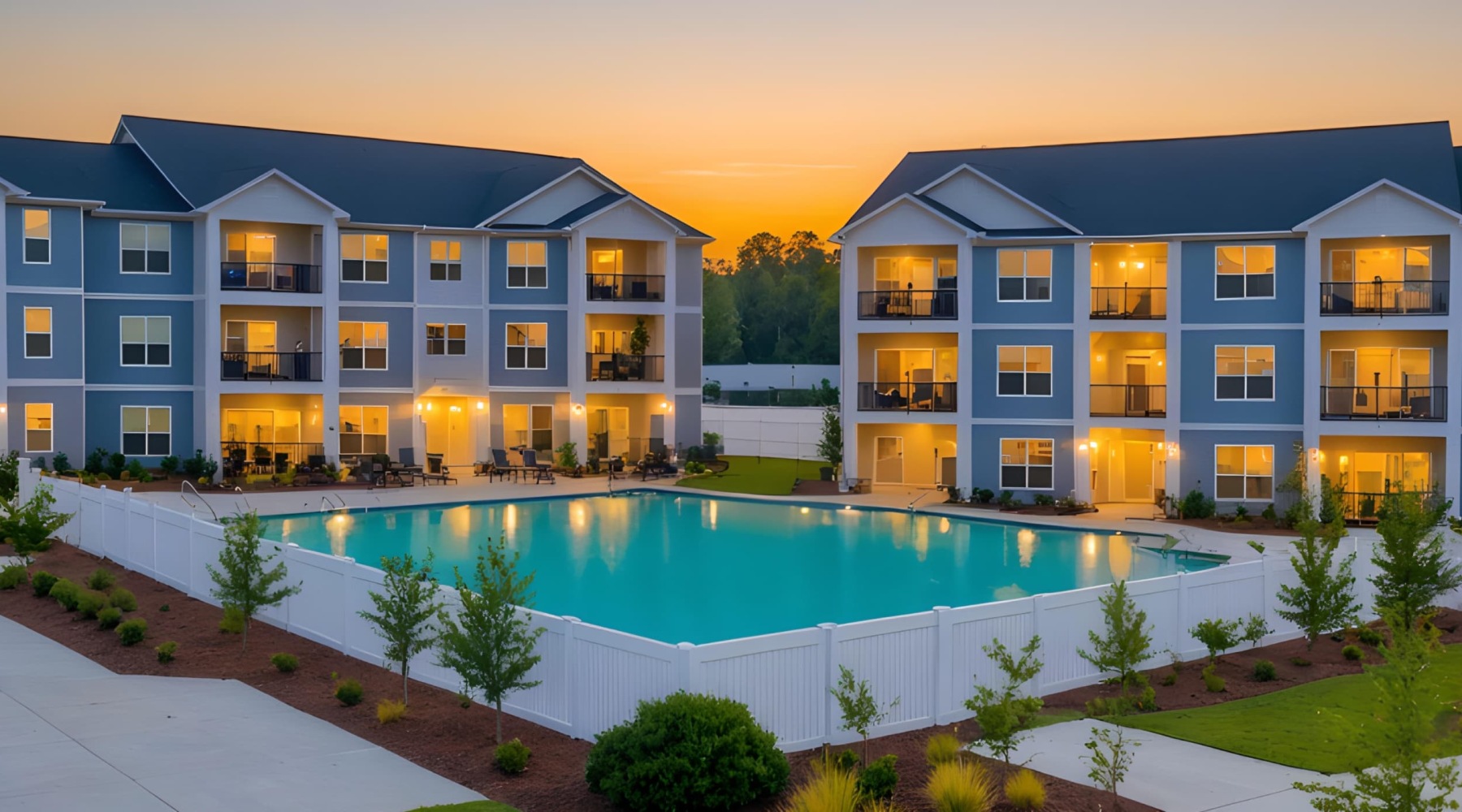 exterior of building showing the property's lush landscaping