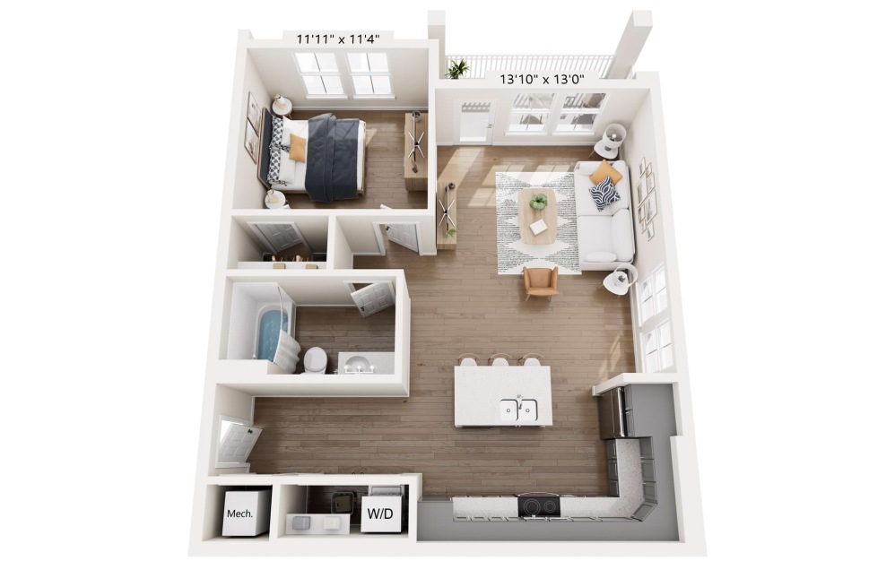 A1-MCAFF - 1 bedroom floorplan layout with 1 bathroom and 793 square feet (Ground Floor Unit)