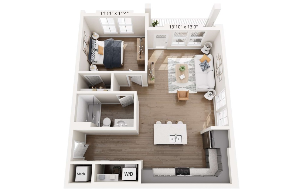 A1-MCAFF - 1 bedroom floorplan layout with 1 bathroom and 793 square feet (2nd–3rd Floor Units)