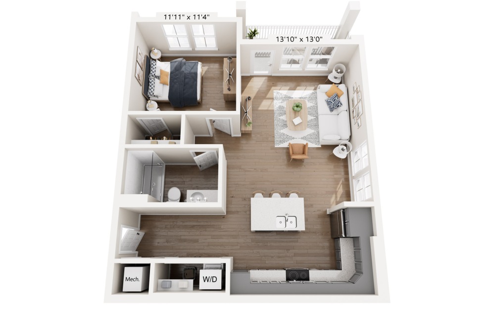 A1 - 1 bedroom floorplan layout with 1 bathroom and 793 square feet (2nd–3rd Floor Units)