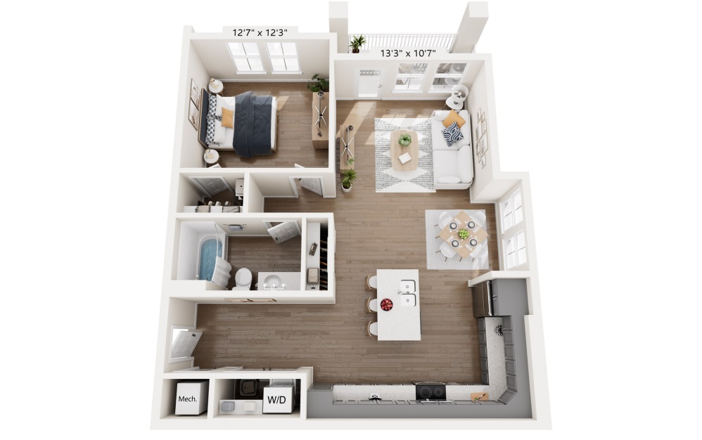 A2 - 1 bedroom floorplan layout with 1 bathroom and 896 square feet (Ground Floor Unit)