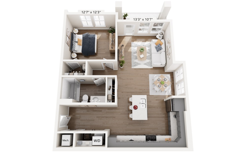 A2 - 1 bedroom floorplan layout with 1 bathroom and 896 square feet (2nd–3rd Floor Units)