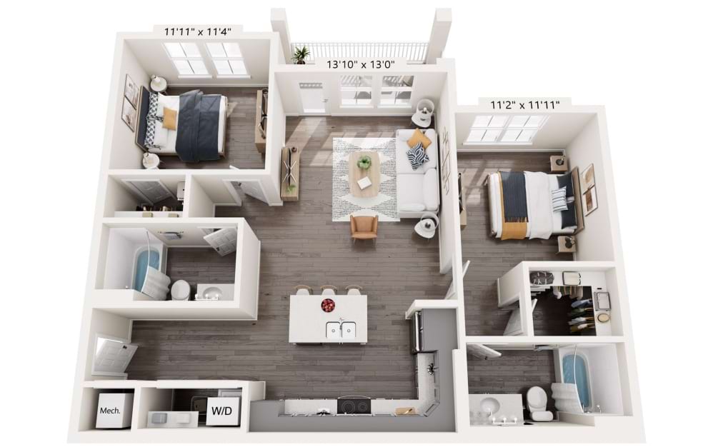 B1-MCAFF - 2 bedroom floorplan layout with 2 bathrooms and 1088 square feet (Ground Floor Unit)
