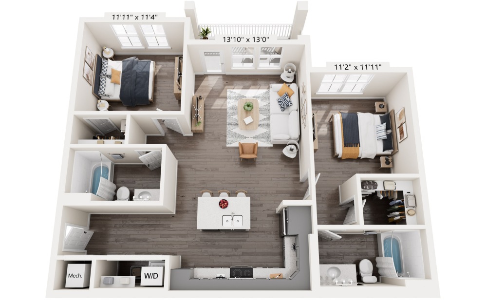 B1 - 2 bedroom floorplan layout with 2 bathrooms and 1088 square feet (Ground Floor Unit)