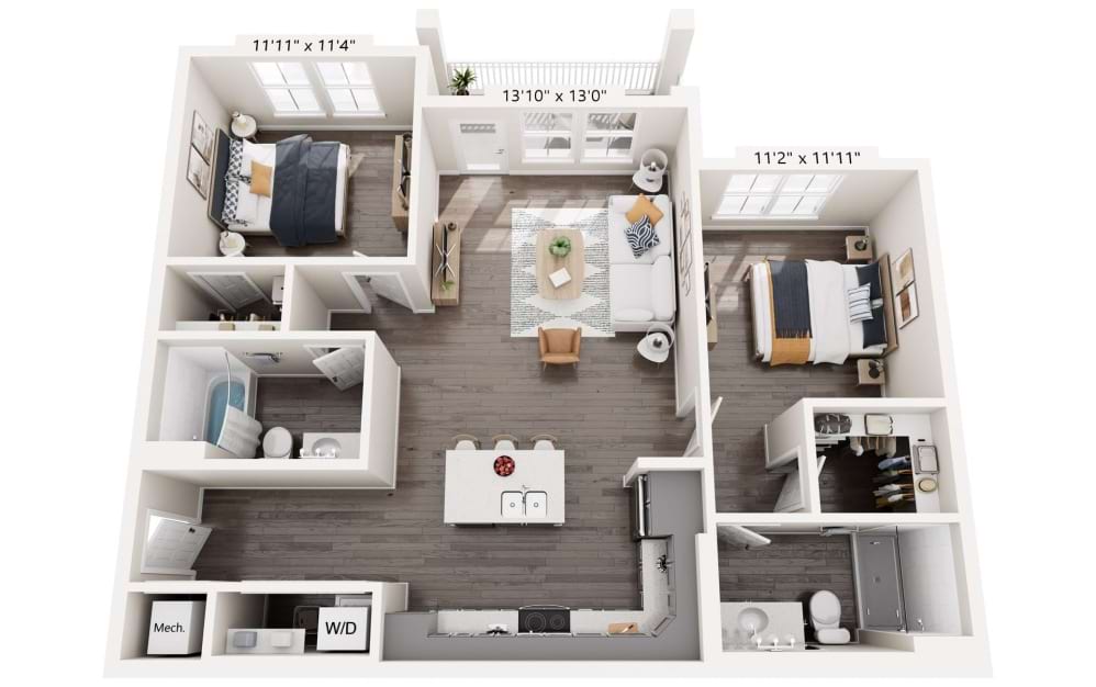 B1-MCAFF - 2 bedroom floorplan layout with 2 bathrooms and 1088 square feet (2nd–3rd Floor Units)