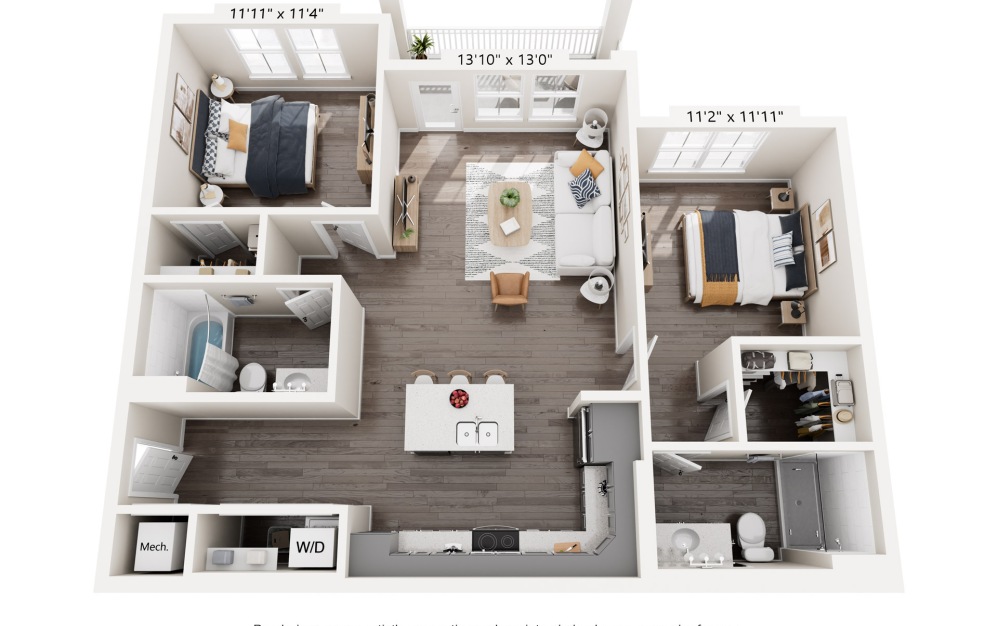 B1 - 2 bedroom floorplan layout with 2 bathrooms and 1088 square feet (2nd–3rd Floor Units)
