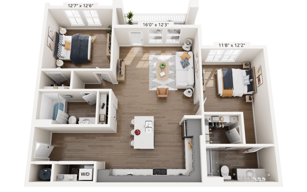 B1 - 2 bedroom floorplan layout with 2 bathrooms and 1088 square feet (2nd–3rd Floor Units)