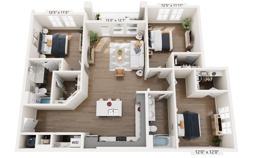 C1 - 3 bedroom floorplan layout with 2 bathrooms and 1454 square feet (Ground Floor Unit)