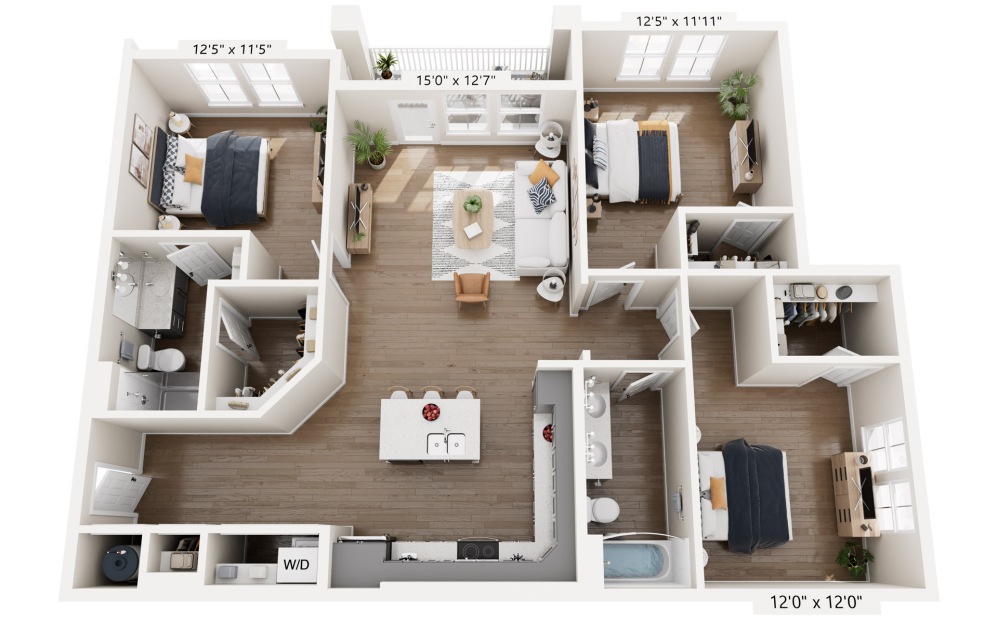 C1 - 3 bedroom floorplan layout with 2 bathrooms and 1454 square feet (2nd–3rd Floor Units)